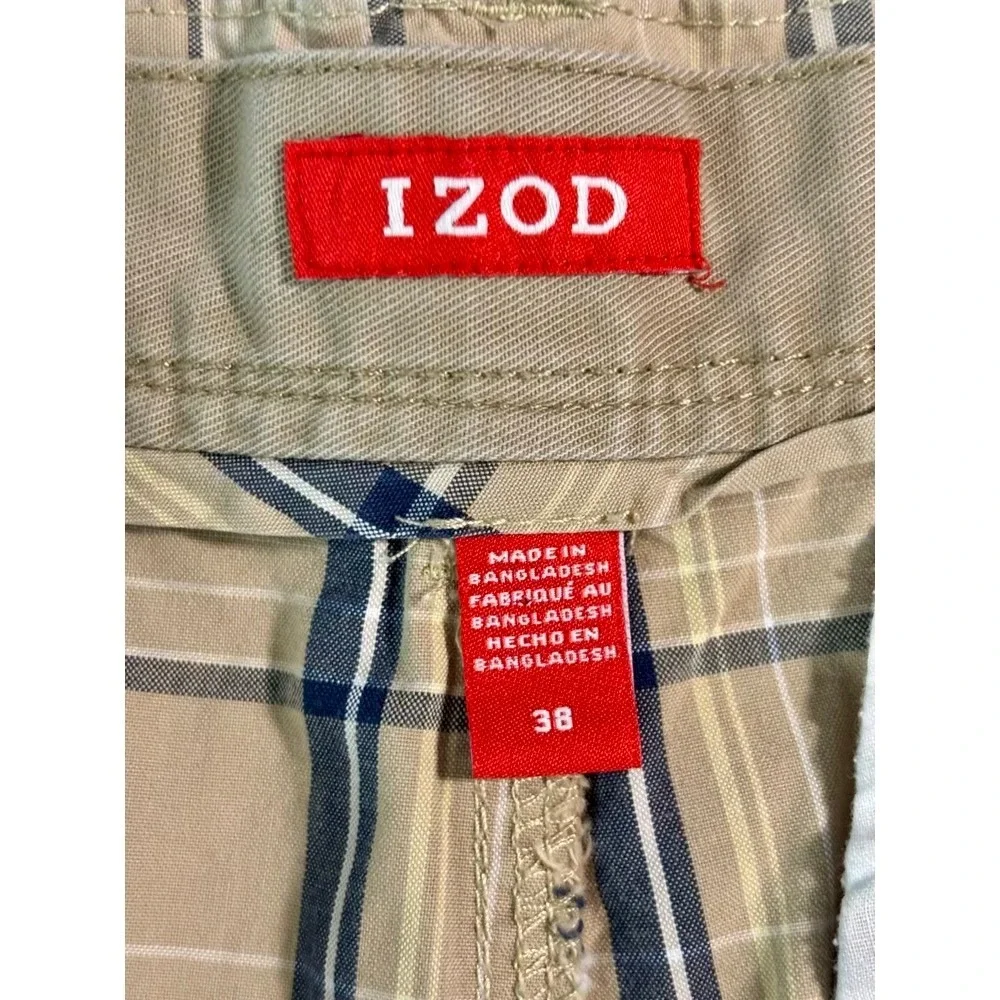 IZOD Plaid Chino Shorts Mens 38 Tan Grey Cotton Flat Front‎ 10